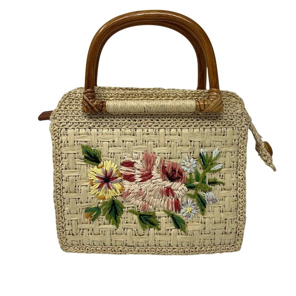 Fossil Straw Woven Top Handle Bag Floral Embroidered Wood Handle Handbag - Picture 1 of 14